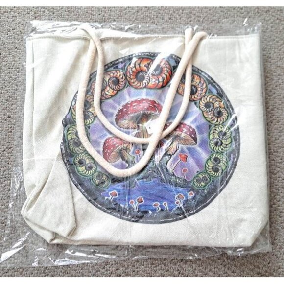 New Mushroom Island Jute Bag Large Tote Shoulder Shopping Magic Mushrooms Retro - Picture 2 of 2
